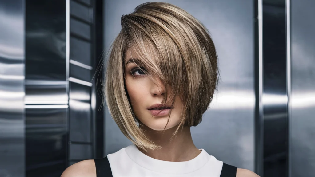 asymmetrical bob with curtain bangs